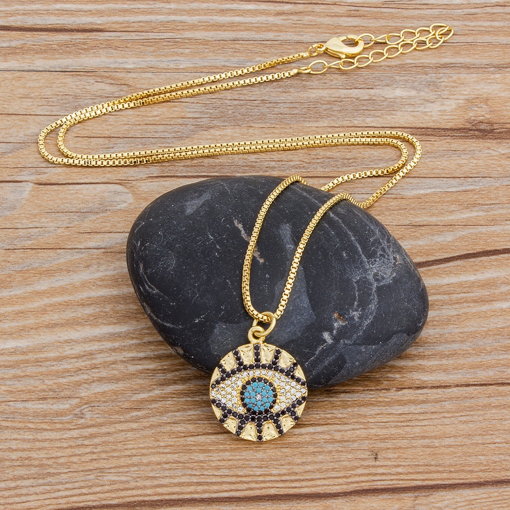 Classic Micro Pave Copper Zircon Evil Eye Necklace Gold Color Link Chain Round Pendant Necklace Lucky Jewelry for Female