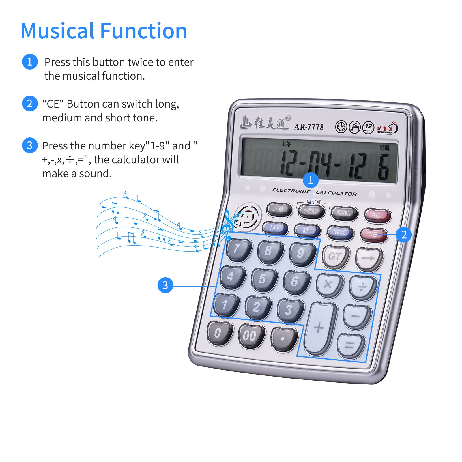Musical Desktop Calculator 12-Digits LCD Display Electronic Calculator Counter Big Buttons Time Date Show Alarm Clock Function