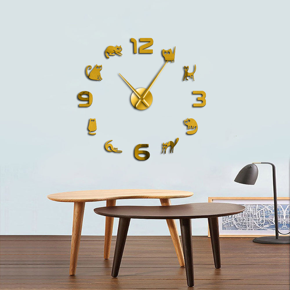 Acrylic Cute Cat Cat Digital Art Wall Sticker Clock DIY Large Mute Wall Clock Pet Cat Home Decoration Wall Watch Modern