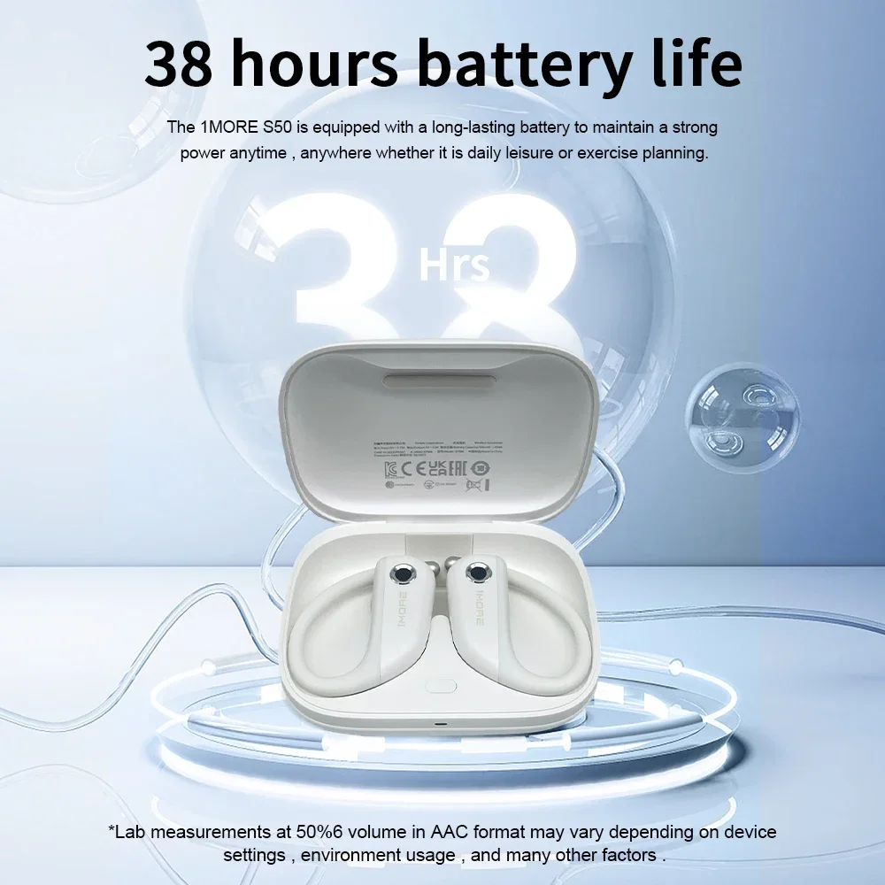 1MORE S50 Open Ear Wireless Earphones Bluetooth 5.3 Fast Charging Headset with Mic 38 Hours Playtime Waterproof Sports Headphone