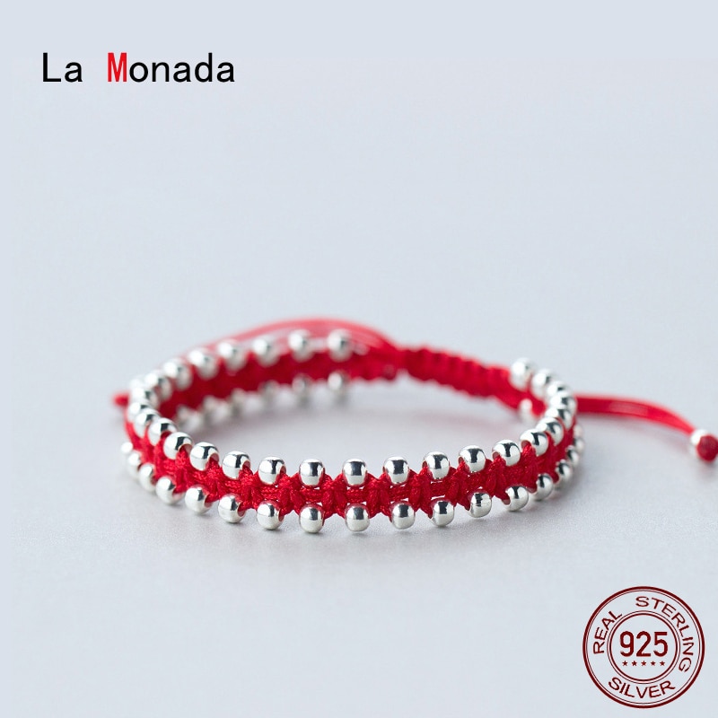 La monada tecer fio vermelho para a mão 925 prata esterlina pulseira fio vermelho corda pulseiras para mulher prata 925 grânulo