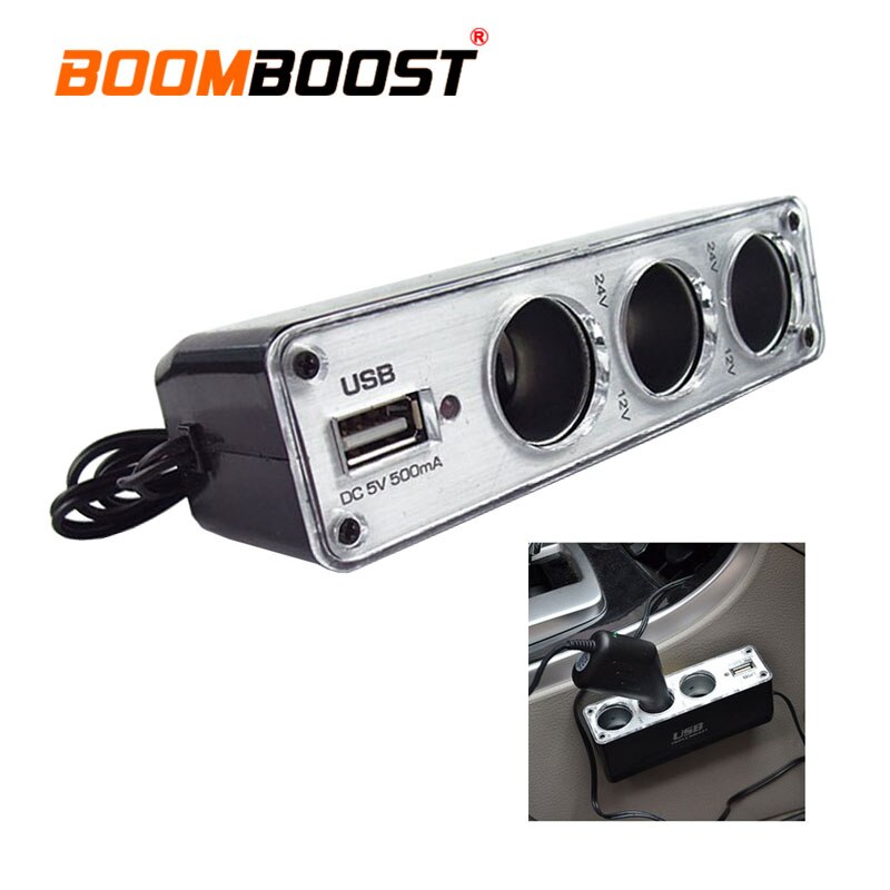 Car Cigarette Lighter 3 Way Auto Socket Splitter 12V Triple socket with one USB Charger Power Adapter Plug DC 12V