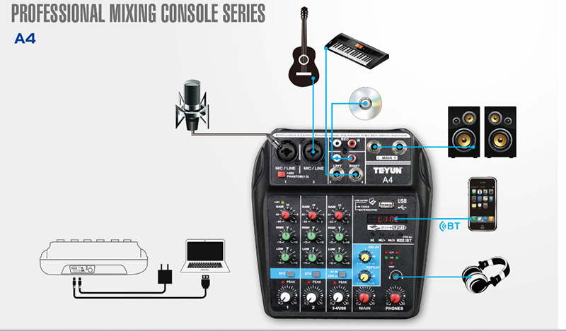 4 Channel Mixing Console Aux Paths Plus Effects Processor Mini Micro Small Audio Mixer Console with Bluetooth USB