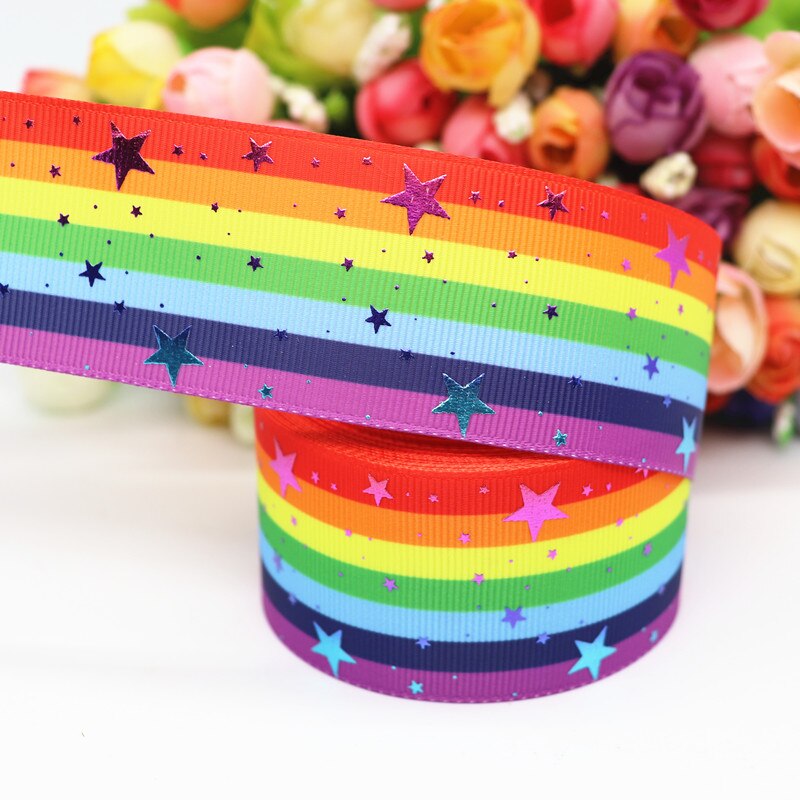 10 Yards 1.5 "38MM brillant arc-en-ciel or étoile imprimé ruban gros-grain pour cheveux nœuds bricolage artisanat accessoires faits à la main M19090201: 7