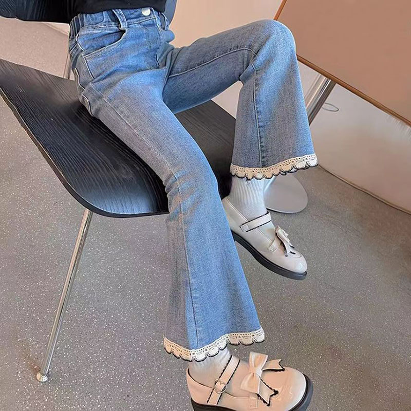 Jeans en dentelle perlée pour adolescentes, pantalons en denim pour filles, pantalons monochromes à la taille pour enfants, bas à cloche décontractés, nouvelle: Bleu / 15