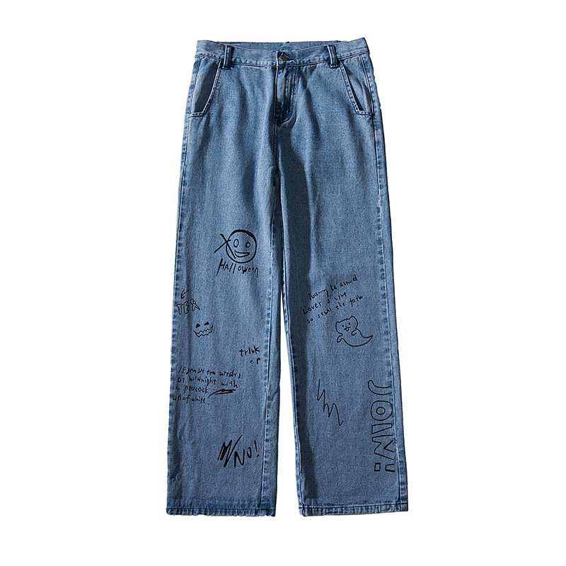 2022 Denim Jeans Men&#39;s Trendy Brand Loose Casual Ripped Hole All-match Nine Pants Youth Wide Leg Straight Pants