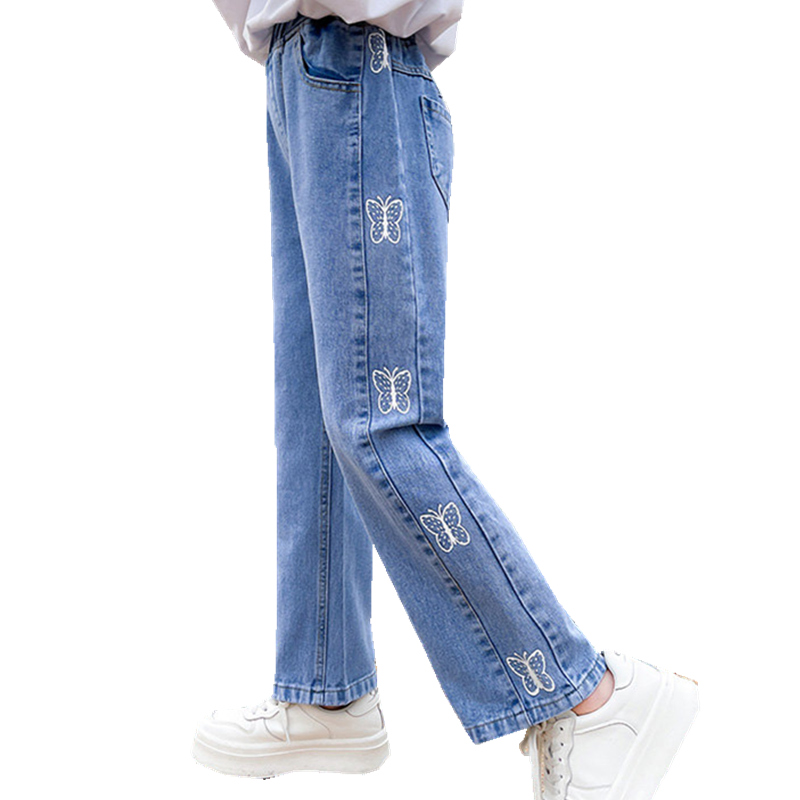 4-14 jahre Mädchen Jeans Mädchen Frühling Koreanische Karikatur lässig Denim Hosen Mädchen Schmetterling Drucken Elastische Taille schlank passen bleistift Hosen
