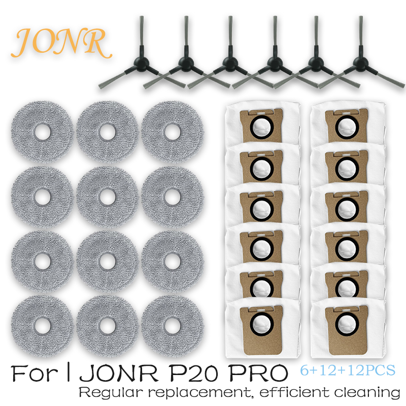 Tilbehør til jonr  p20 pro støvsugerrobot, sidebørste, moppeklud, støvpose, effektiv mikrofiber, reservedele til rengøring: Lysegrå