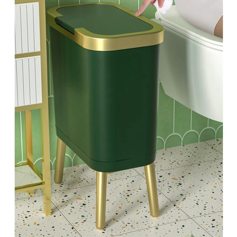 Luxury White Gold Trash Can 15L Large-Capacity with Lid Dustbin Living Room Sofa Side High Feet Garbage Bin