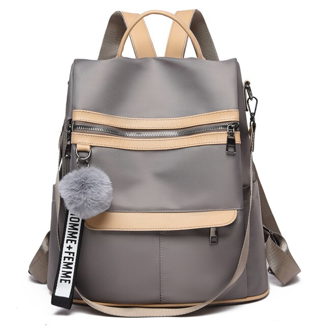 Backpack Waterproof Anti-theft Oxford Cloth Simple College Wind Bag Youth Girl Backpack Hair Ball Pendant: khaki