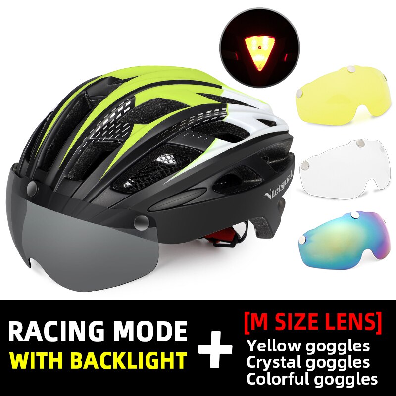 Victgoal adultos capacete da bicicleta capacete com destacável magnético óculos de proteção &amp; segurança led luz traseira ciclismo capacetes das mulheres dos homens: YellowBlack 3Goggles