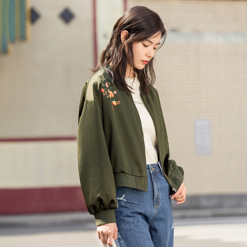 Inman Winter Mode Baseball Kraag Print Dropped Schouder Mouw Rits Wapenrok