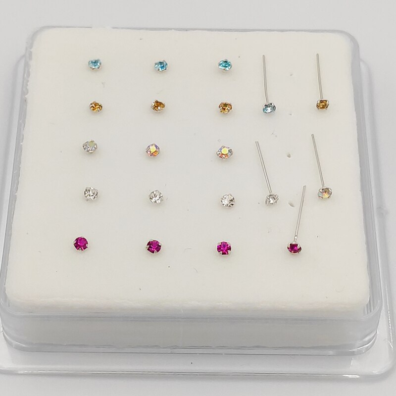 20pcs 925 Sterling Silver Nose Studs - 2mm Multicolor Crystal Round Body Piercing Jewelry