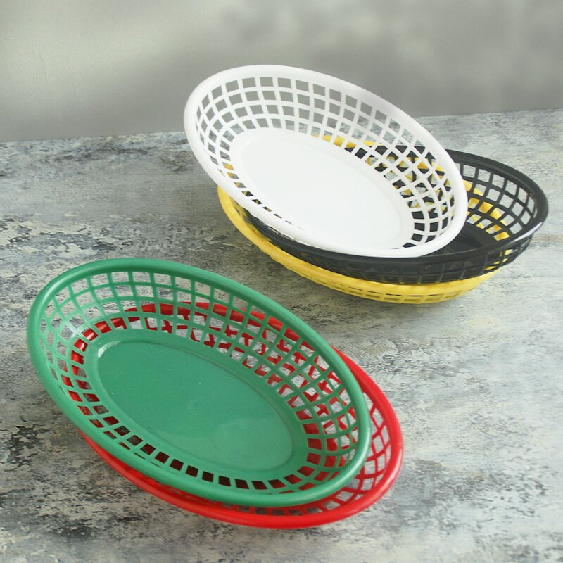 Cesta ovalada de plástico para comida rápida, cestas para patatas fritas y freír, bandeja de servicio para el hogar, Bar, restaurante, suministro de Picnic rojo y negro, 6-12 Uds.