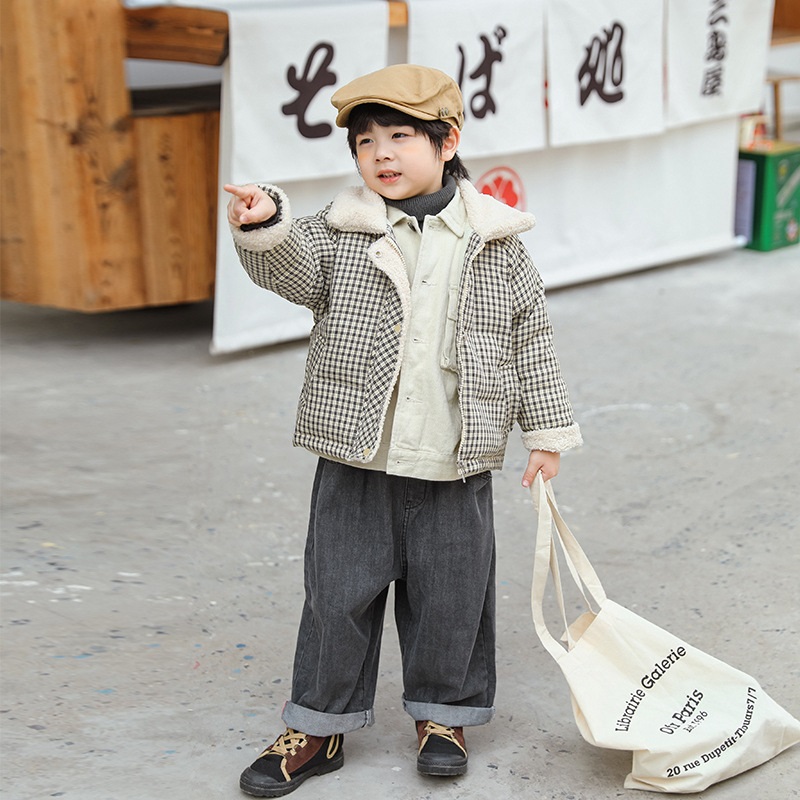 Chaqueta de plumón a cuadros para niño y niña, abrigo grueso con cuello de lana, traje de invierno cálido para la nieve, ropa para bebé de 2 a 10 años