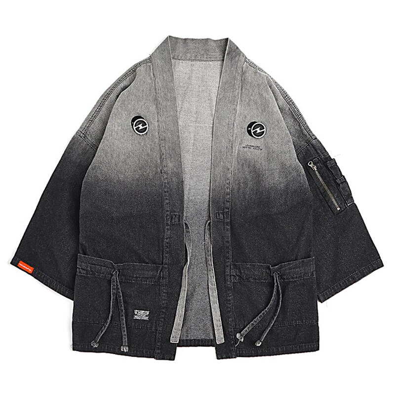Gray &amp; Black Gradient Color Men Denim Kimono Jacket Japan Style Streetwear Retro Mens Three Quarter Sleeves Kimono Coat: L