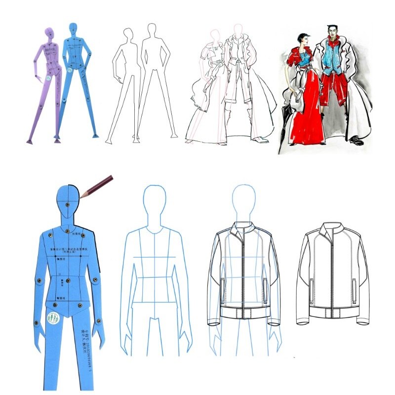 Lineal sæt tøj menneskelig krop tegneskabelon mænds og kvinders figur skabelon kombination bordsæt