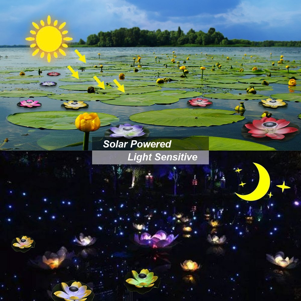 Sol lotus lys led haven pool lampe vandafvisende udendørs flydende dam natlys auto tænd / sluk for haven pool fest