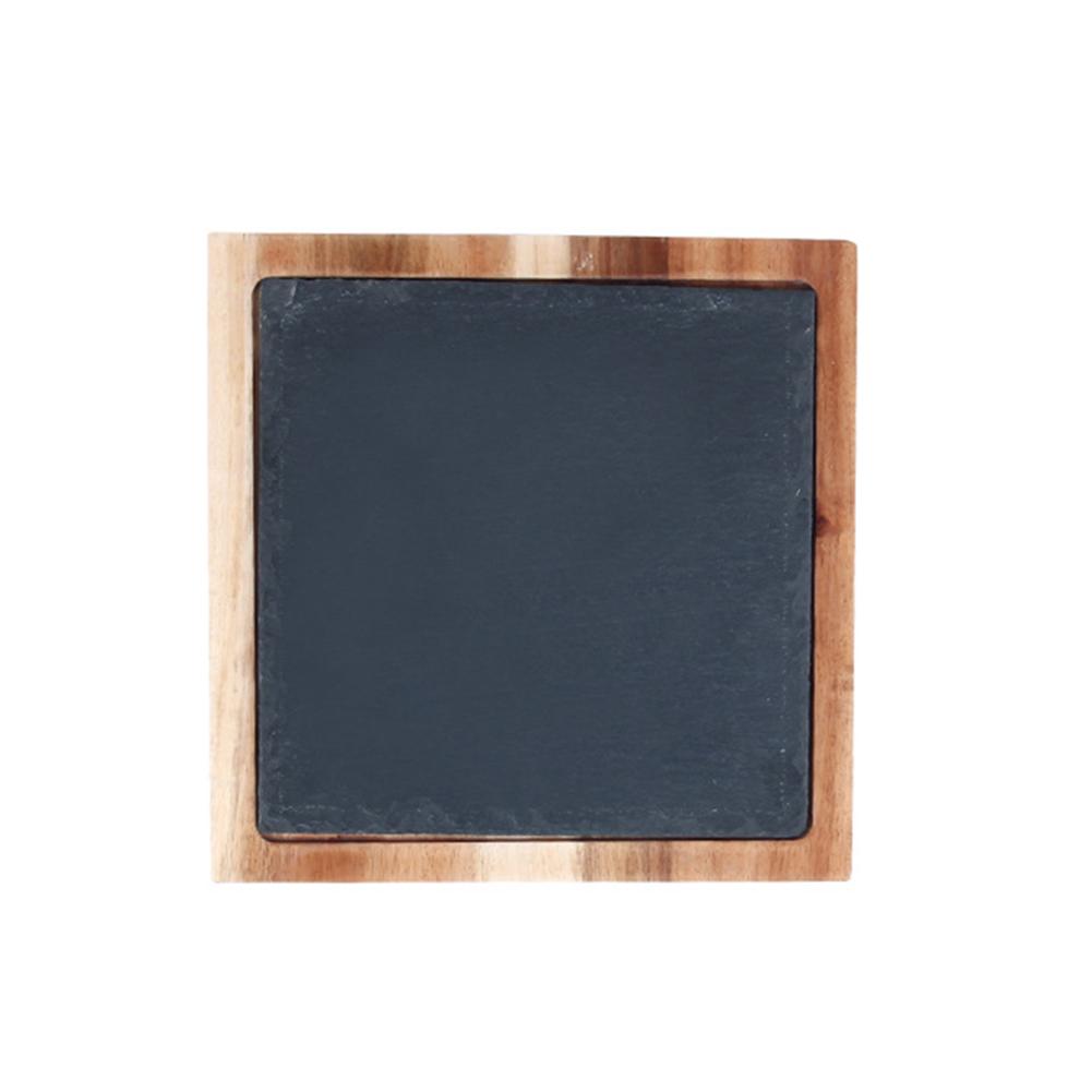 Solid Wood Snack Tray Wooden Tray Black SLATE Plate Acacia Wood Wrapped Plate Western Japanese Food Plate Kitchen Decoration: A