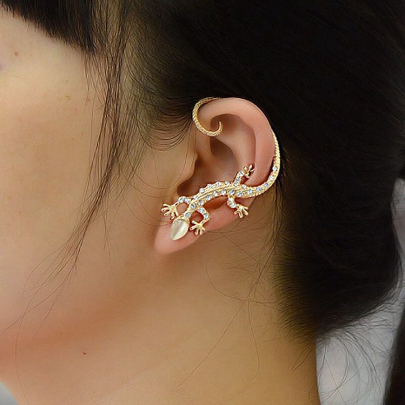 1 Pc Vrouwen Mode Punk Rock Rhinestone Lizard Oor Manchet Oorbellen Voor Vrouwen Goud Kleur Animal Gekko Earcuff