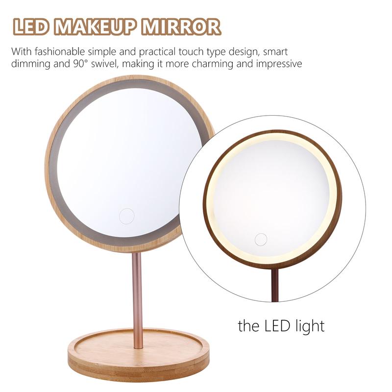 Miroir de maquillage en bois avec dessus de table pivotant à 90 °, miroir de vanité LED