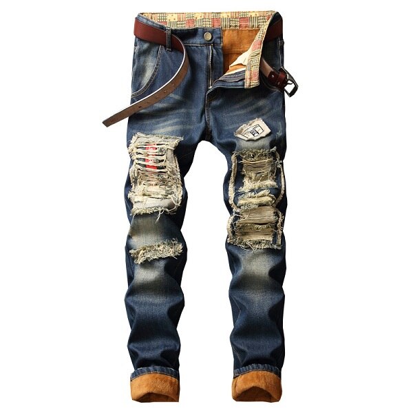 Mannen Winter Warm Ripped Jeans Broeken Fleece Vernietigd Denim Broek Dikke Thermische Verontruste Jeans Patchwork: 811blue / 28
