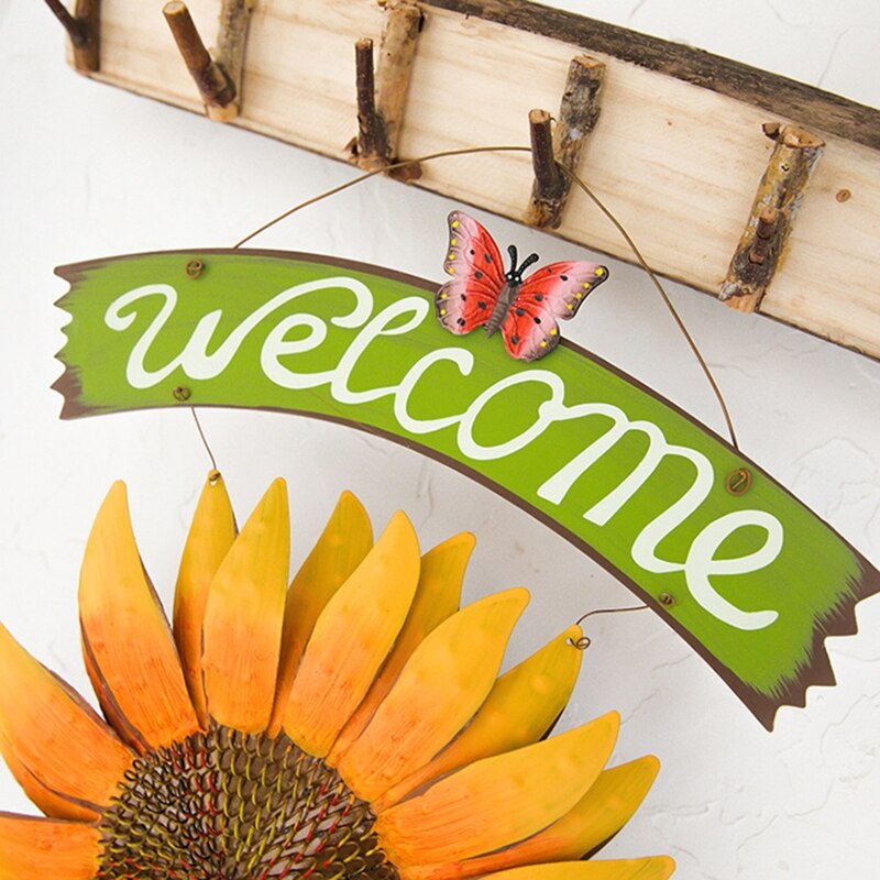 Garden Welcomeing Signs Metal Hanging Yard Art Decorative Outdoor Garden Signs Sunflower Outside Hand-Painted Decor