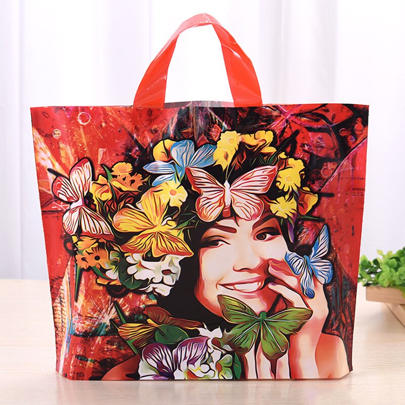 50 stks/partij Rode Plastic Bag Boutique Carrier Shopping Bruiloft Zakken Meisje Print Plastic Zakken Met Handvatten