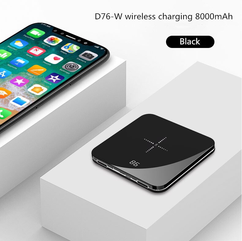 8000mAh Mini Power Bank 2.0A Quick Charge Power bank Dual-USB Portable Mirror Aluminium Fast Charging Mini External Battery: Black D76-W