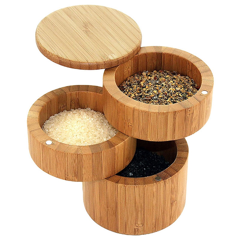 Bamboo Triple Salt Box,Wood Box,3-Tier Round Bamboo Box for Salt or Spice with Magnetic Swivel Lid Spice Storage Box