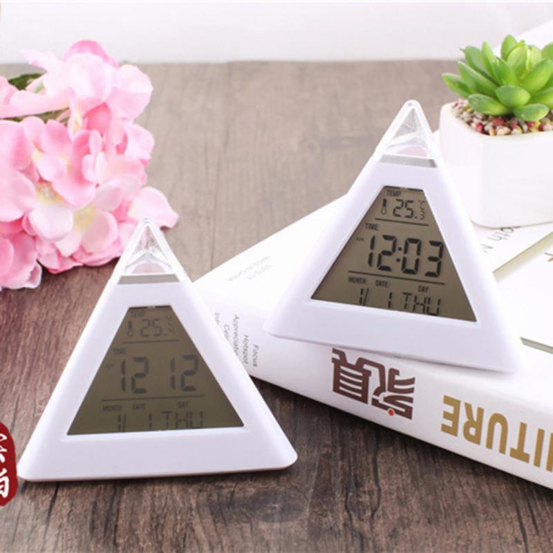 LED Clock 7 Color Changing Alarm Clock Pyramid Shaped Luminous Clock Function Date Time Temperature Display