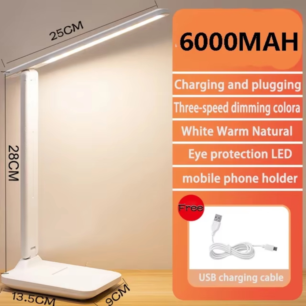 6000mAh LED-tafellamp USB Oplaadbaar 3-kleuren Traploos dimbaar Bureaulamp Touch Opvouwbare oogbescherming Lezen Nachtlampje