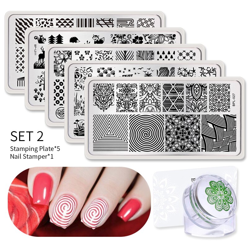 Geboren Pretty Nail Stempelen Platen Set Bloem Gemetory Diy Afbeelding Afdrukken Stencil Tool Nail Stempelen Template Met Stamper: Set 2