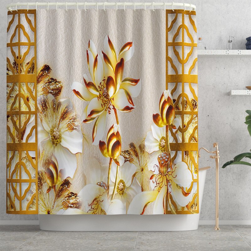 Tapete do banheiro tapete de banho floral com cortina de chuveiro conjunto flanela toalete capa de assento tapete de banho de absorção de água tapetes do banheiro: Shower curtain-700