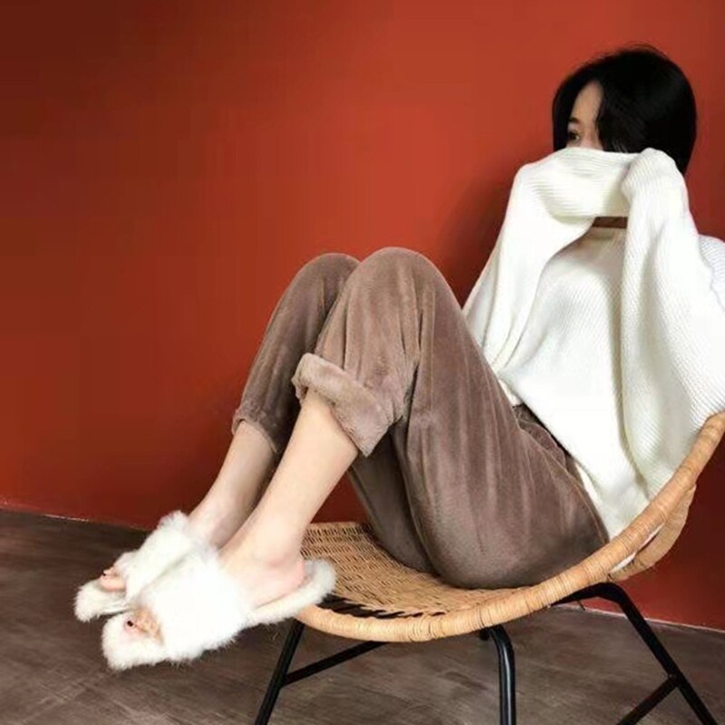 Pyjama en molleton de corail pour femmes, pantalon chauffant thermique, ample, Simple, Chic, loisirs, fourrure, , automne et hiver