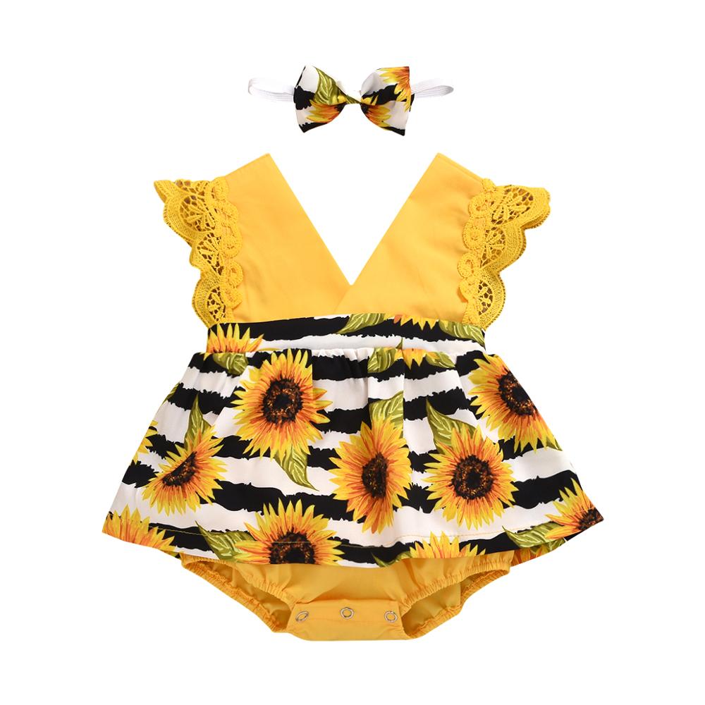 0-24M Baby Meisje Kleding Sets Zonnebloemen 2 Stuks Kant Ruches Bodysuit Jurk V-hals Backless Jumpsuits Hoofdband 2 Stuks Baby Meisje Set