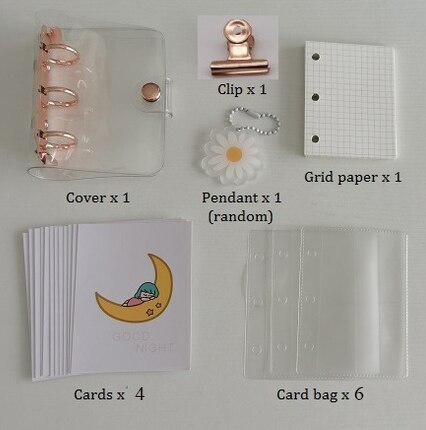 3Holes Mini PVC Loose Leaf Diary Transparent Pocket Small Journal Traveler Notebook Cute Cartoon DIY Planner Set: Set 1 rose pink