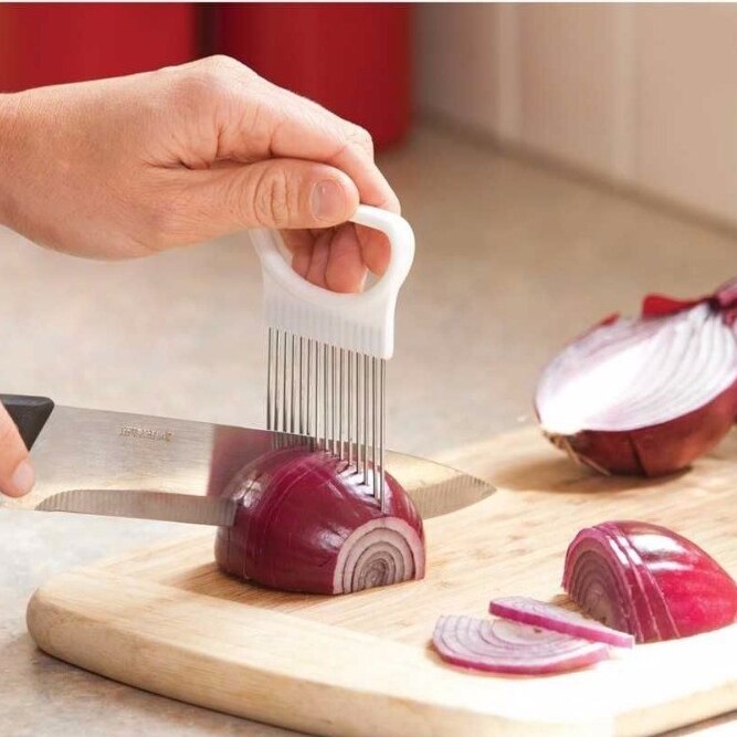 1 Stuks Lytwtw 'S Keuken Gadgets Handige Roestvrij Staal Ui Houder Tomaat Slicer Groentensnijder Veiligheid Koken Gereedschap
