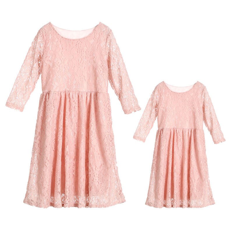 Formal Family Matching Clothes Mother Daughter Ankle-Length Dresses Womens Girls Lace Floral Long Sleeve High Waist Dresses: Pink / 6T