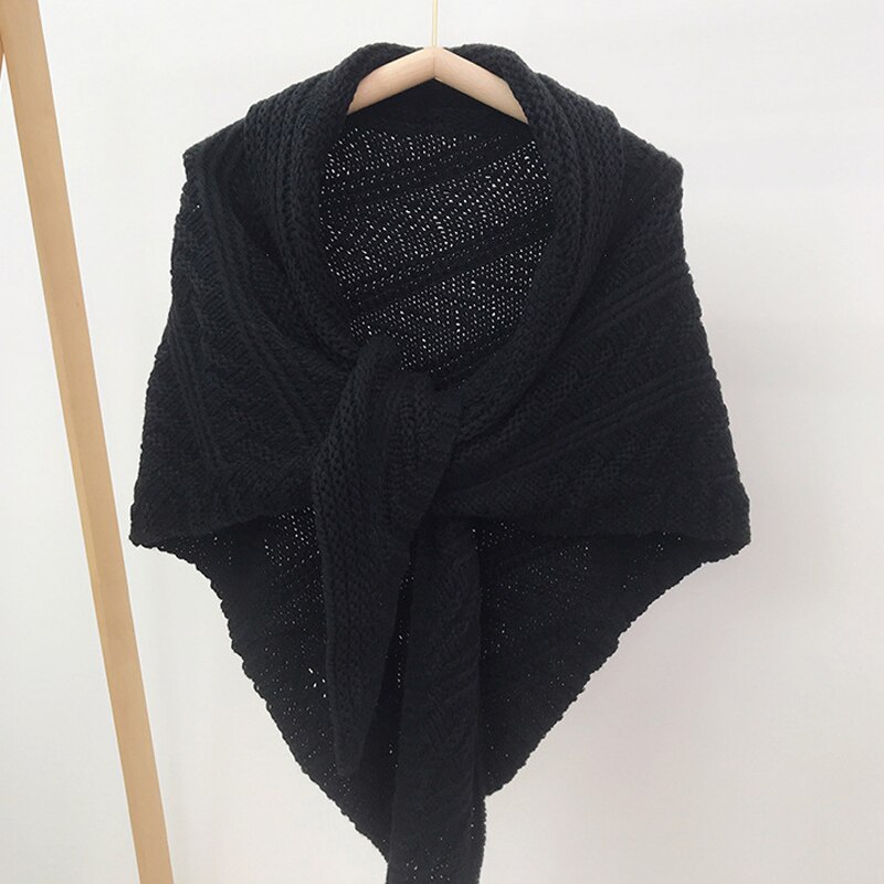 Solide vinter kvinder tørklæde trekant ponchoer strikket sjal wraps varmt kontor tippet skuldertræk store stjal sjaals voor damer bufandas: Sort