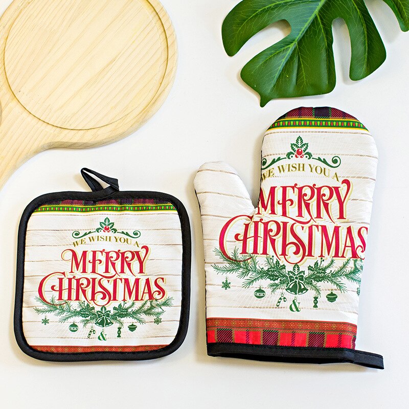 Fashionable Christmas Kitchen Utensils Printed Oven Gloves High Temperature Scalding Microwave Oven Heat Insulation Glove Set: 6