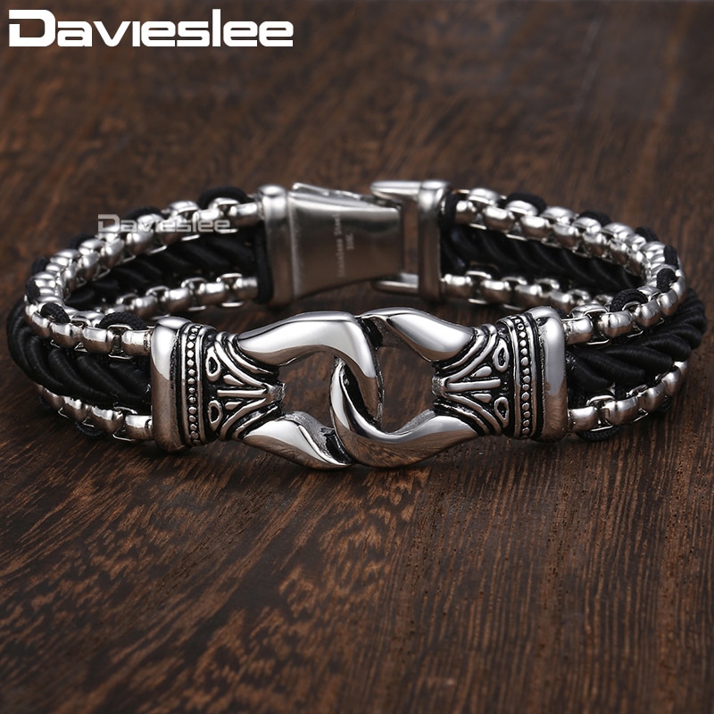 Davieslee Mens Man-made Leather Bracelet Stainless Steel Box Link Knot Charm Wristband 12/13mm Gold Silver Color DHB496