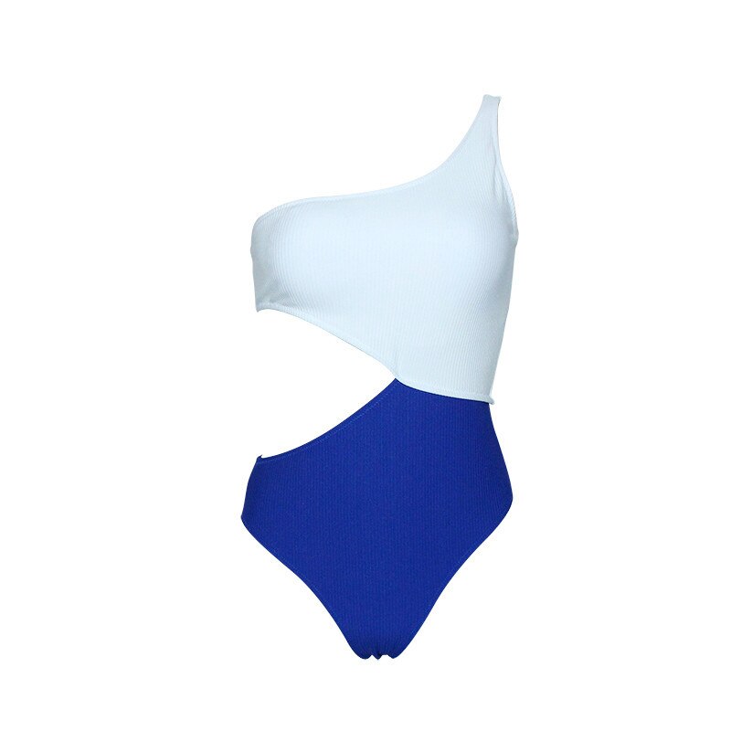 Sexy White Yellow High Waist Cut Out Trikini Ribbed Bathing Suit Monokini Asymmetric Shoulder Swimwear Women One Piece Swimsuit: dark blue bodysuit / S