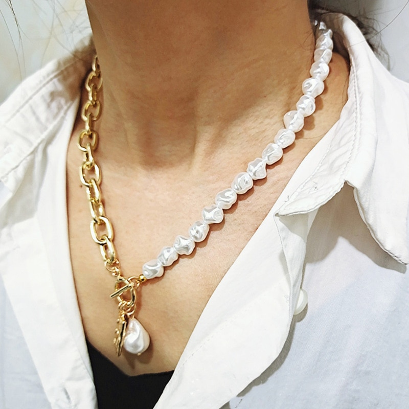 Oregelbunden barock pärla guldkedja halsband kvinnor smycken vintage geometriskt hänge halsband för kvinnor tillbehör