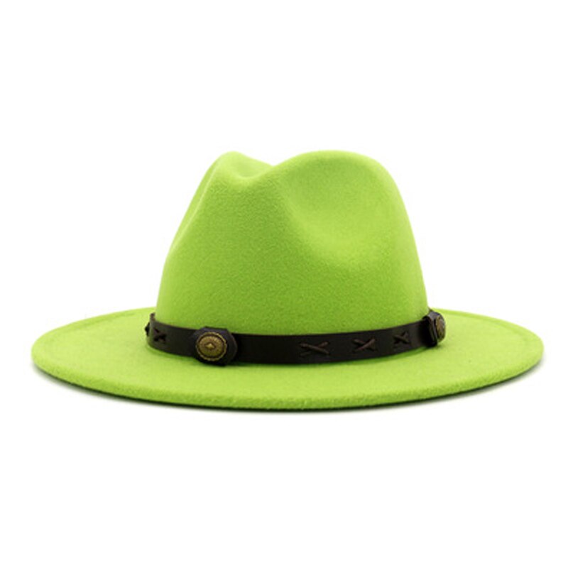 QBHAT uomo donna cappelli Fedora Jazz in feltro di lana tinta unita con cinturino in pelle marrone cappello da Cowboy a tesa larga cappello verde Trilby Panama per la festa: lime green
