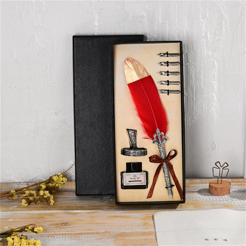 Vintage 1Set Kalligrafie Veer Dip met 5 Nib Quill Pen Schrijven Inkt Set Geschenkdoos Bruiloft Fontein pen