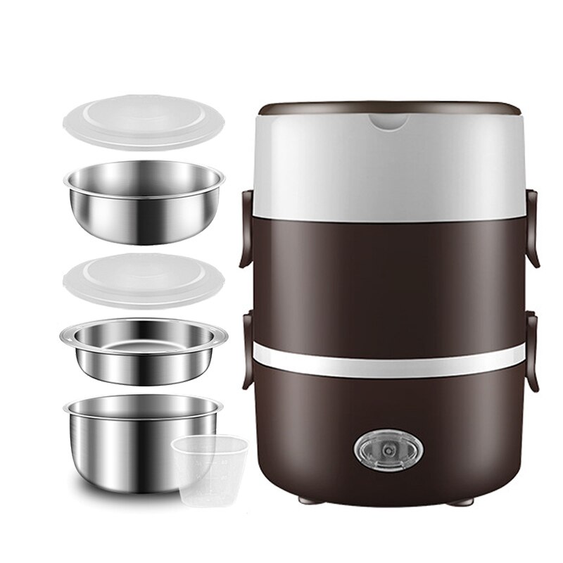 2L 220V Home Electric Lunch Box Stainless Steel Office School Rice Cooker Portable Food Warmer Container Heating Bento Box Set: 3 Layer Brown