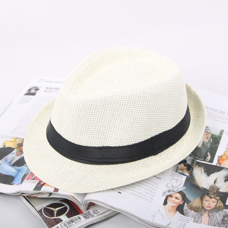 Jazz männer Hut Woven Stroh Sonnenschirm Hut Lässig Hut Gürtel Schnalle Strand Hut Stroh Sonnenhut Weiß Hochzeit Schwarz Gürtel frauen Fedoras Gorro: NO.2-Beige White