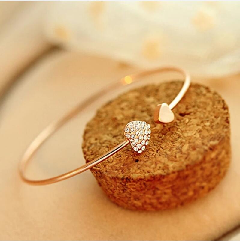 Bracelet à Double cœur réglable en cristal, nouvelle coréenne, or Rose, pour femmes et filles,