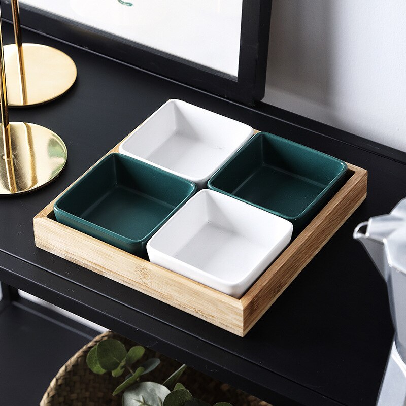 Ceramic Dessert Nut Snacks Plate Bamboo Wood Tray Multi Grid Dessert Plates Multifunction Foods Classify Snack Dishes